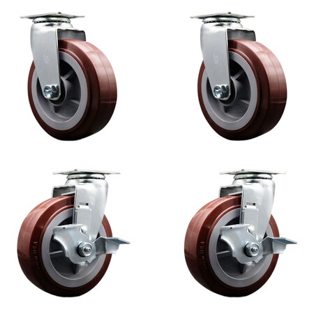 Service Caster 6 Inch Poly on Polyolefin Swivel Caster Set with Roller Bearings 2 Brakes SCC SCC-20S620-PPUR-2-TLB-2